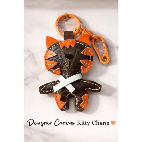 Upcycled Designer Canvas Kitty Keychain Bag Charm Orange Leather One of a Kind - Picture 1 of 6